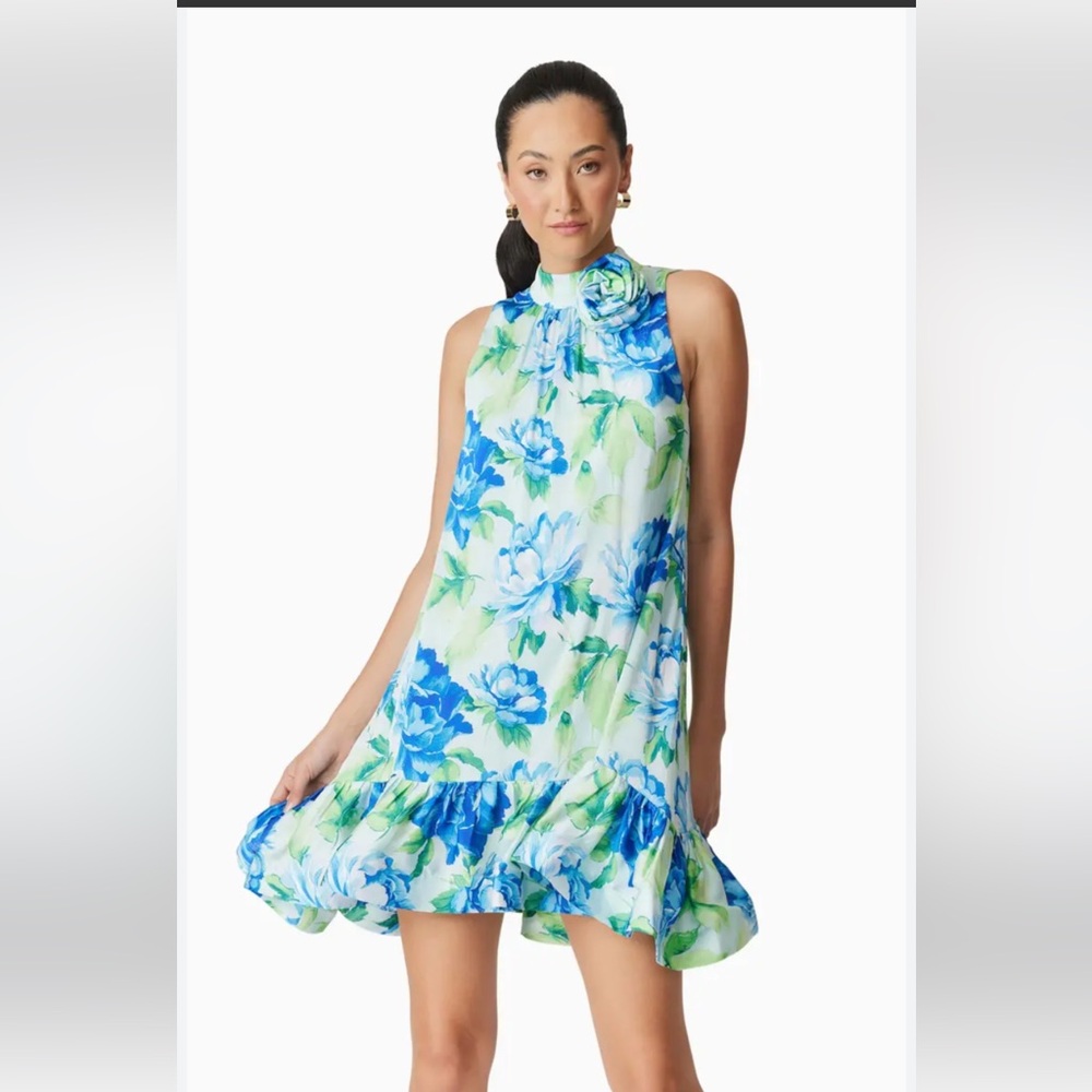 Elliatt Adeena Blue & Green Floral High-Neck Ruffle Mini NWOT